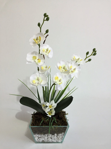 Arranjo Orquídeas Artificiais Brancas Vaso Vidro Com Pedras | Parcelamento  sem juros