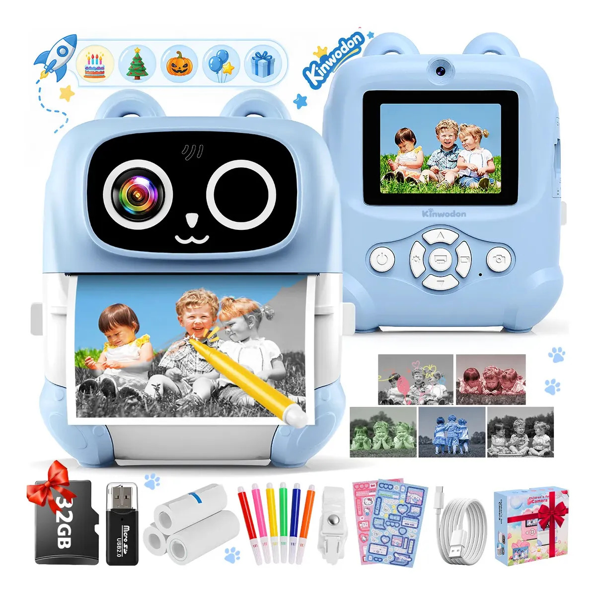 Camara Digital Instantaneas 4 Color Impresion 9600w 16X Zoom, Kinwodon Profesional Camaras De Fotos y Video 1080p HD para Ninos, Fotografica Infantil Recargable Compacta con Pantal