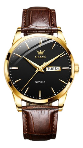 Relógio de pulso Olevs 6898, para masculino, fundo  preto, com correia de couro cor, bisel cor dourado