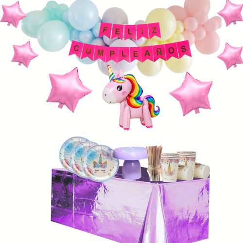 Combo Globos Cumpleaños Tematico Kit Unicornio Más Deco Mesa Rosa Unicornio Pelo Multicolor