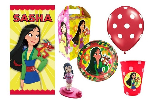 Mulan Kit 10 Niños Vasos Platos Dulceros Globos Mulan Mushu