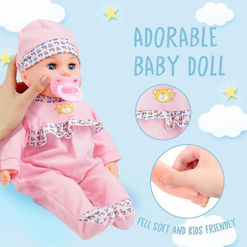 Muñeca Interactiva Toy Choi De 16 Pulgadas En Rosa: Habla, Alimenta Y Viene Con Diferentes Sonidos Y Accesorios.