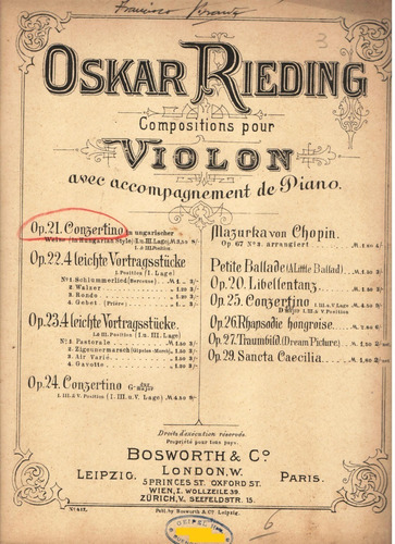 Partitura Original Conzertino De Oskar Rieding - Para Violín