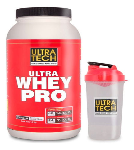 Proteina Whey Protein X 1,5 Kg + Shaker Proteína De Suero Concentrada 90 % Ultra Tech Sabor Vainilla
