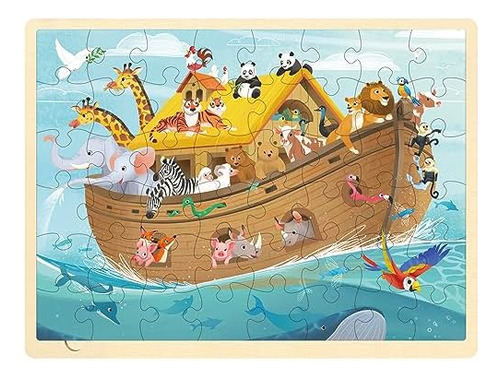 Wooden Noah's Ark Puzzle For Kids Ages 3-5, 48 Piece Pu...