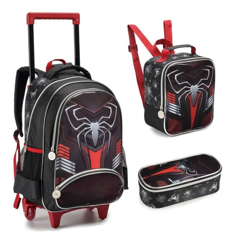 Conjunto 3 Peça Mochila Rodinhas Menino Dark Spider - Denlex