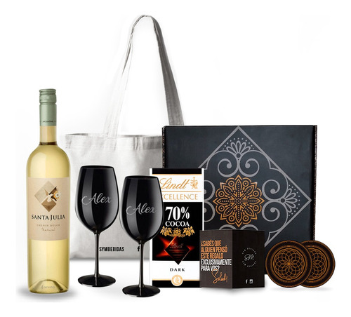 Box Vino Santa Julia Chenin Copas Negras Chocolates Kit Set