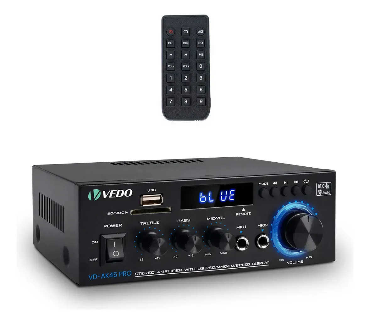 VEDO Ak45pro Amplificador Estéreo Bluetooth Rms 50w*2 Máxima 400w*2,com Remoto Preto