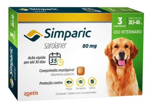 Simparic 80mg Para Cães 20,1 A  40kg - Kit Com 3 Comprimido