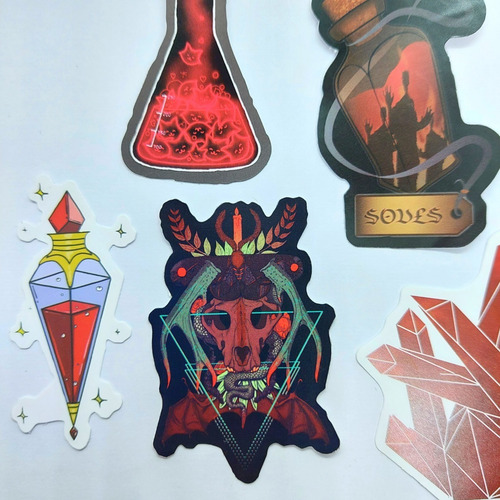 Set 5 Stickers. Magia Cristales. Pociones. Rojo. Granate.