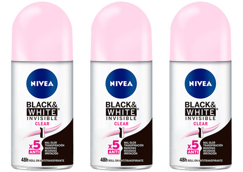 Nivea Deo Invisible B&w Fem - Clear  Roll On 50ml (x3)