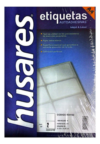 Etiquetas Husares A4 Cod H34102 Medida 21x14.85 Cm Paq X100