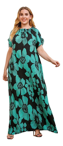 Vestido Maxi Gordita Suelto Verde Con Estampado De Flores