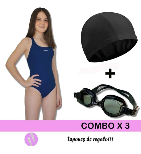 Imagen 1 de 10 de Combo Malla Traje De Baño Natacion Nena + Gorro + Antiparras
