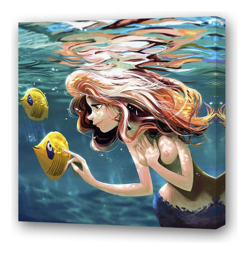 Cuadro 20x20cm Sirena Bella Dibujo Mar Playa Peces Color