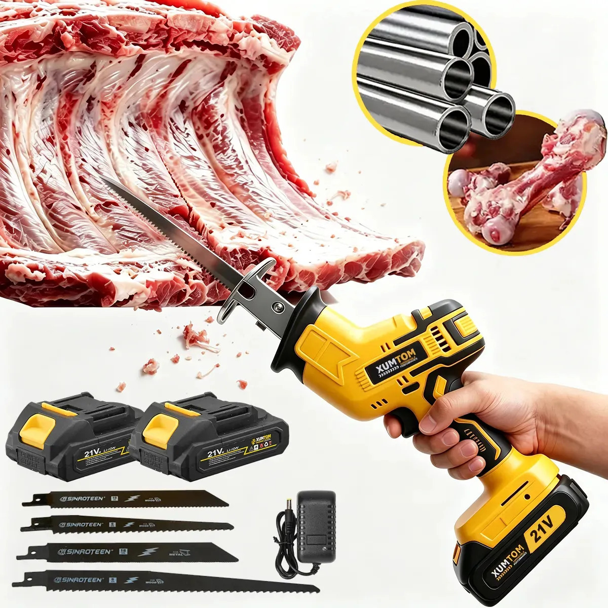 Serra Sabre sem Fio 21V para Açougueiro, com 2 Baterias e Bivolt, Corta Osso e Carne, Portátil e Potente, Uso em Frigorífico e Abate