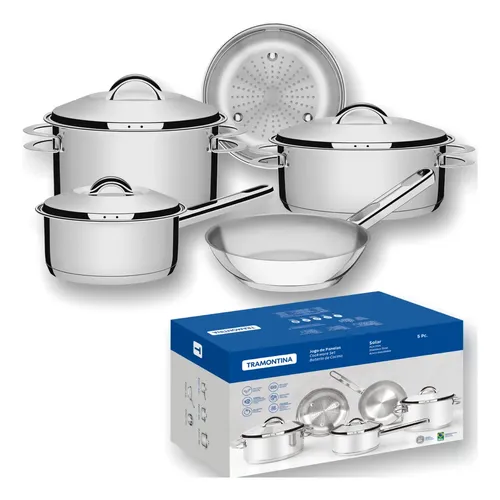 Jogo Panelas Tramontina Solar 5 Pç Inox Indução Fundo Triplo Inox