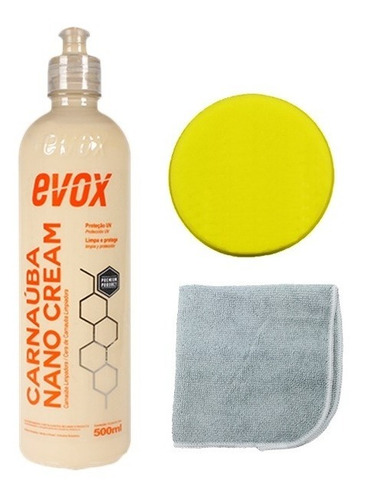 Cera Carnaúba Nano Cream + Aplicador + Pano Microfibra Evox