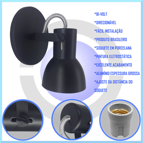 Luz De Parede Arandela Direcionavel Para Lâmpada Led Bulbo Cor Preto 110v/220v