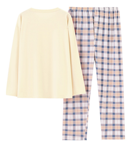 Cómodo Conjunto De Pijama A Cuadros Para El Hogar De Manga L