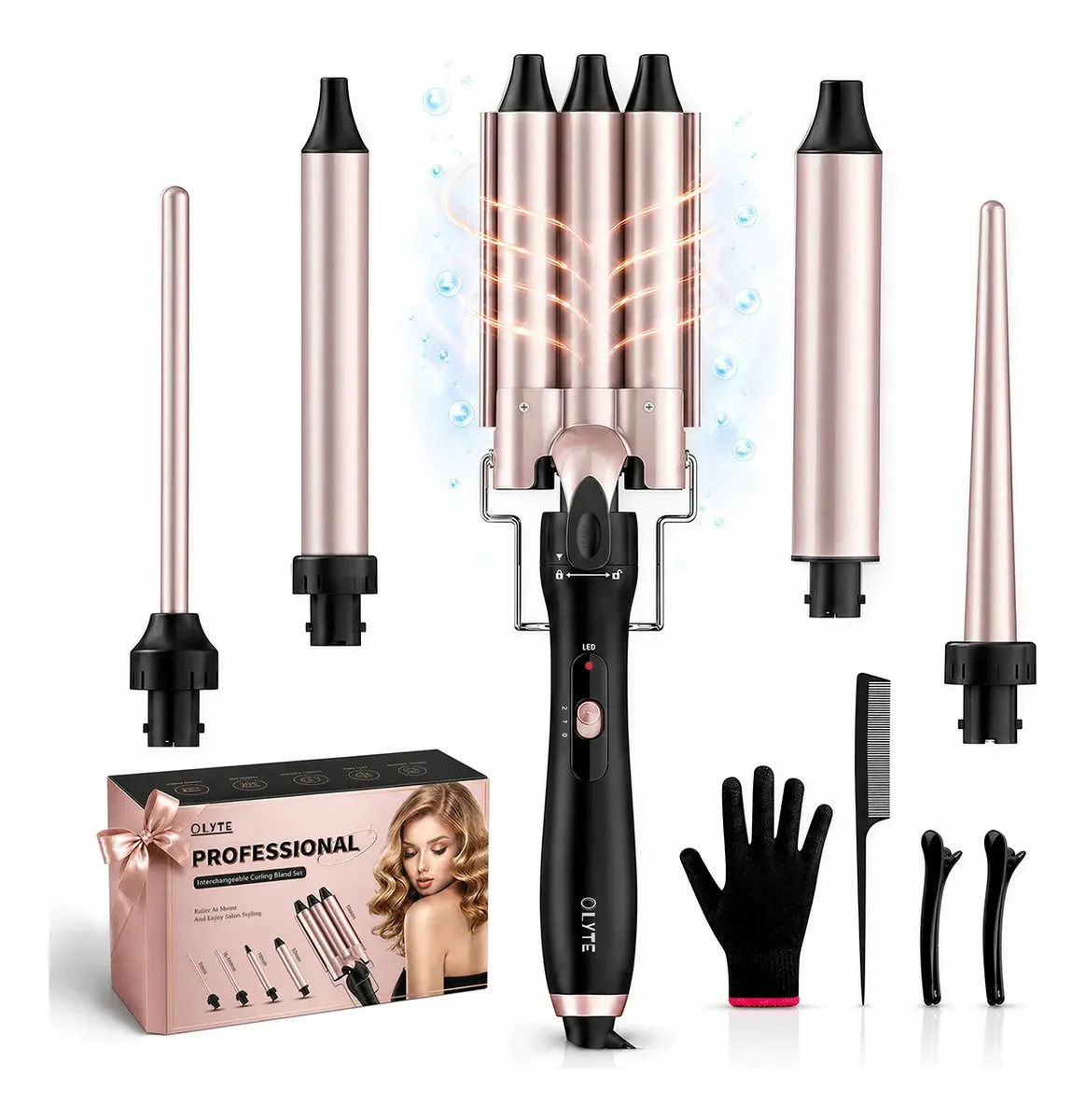 Rizador Profesional OLYTE 5 en 1 para Cabello, con 5 Cabezales Intercambiables de Cerámica