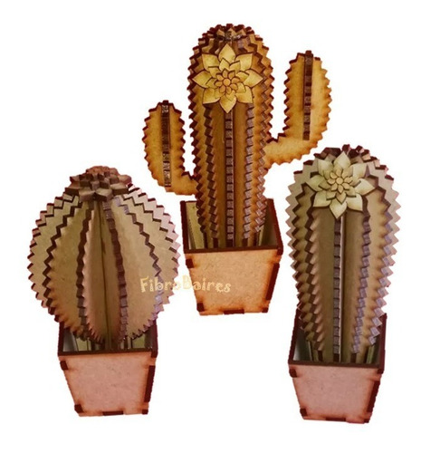Cactus Fibrofacil Con Macetas X 3 Unidades - Souvenirs 