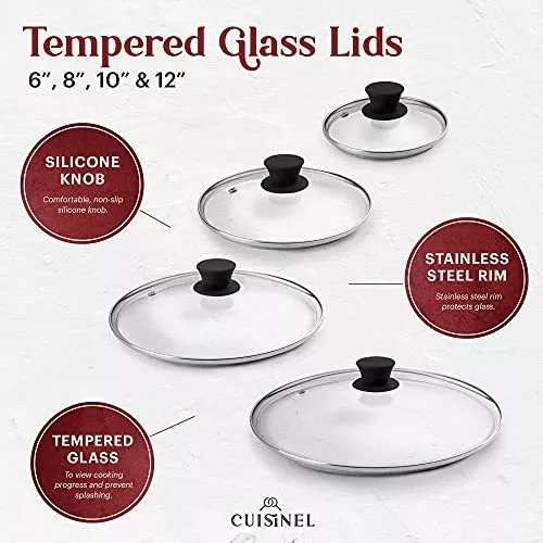 Glass Lids Set - 6+8+10+12-Inch / 15.24cm+20.32cm+25.4cm+30.48cm -  Compatible with Lodge Cast Iron - Fully Assembled Tempered Replacement  Cover 