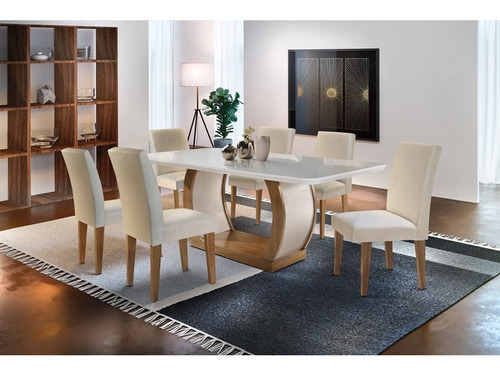 Sala De Jantar Milena Tampo Mdf Vidro Com 6 Cadeiras Grécia Cor Imbuia/off W/serig. Off White/veludo Cre