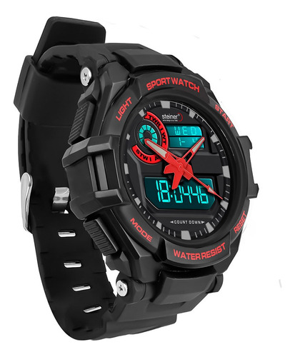 Reloj Análogo Digital Para Caballero, Steiner. Bisel Negro Fondo Rojo