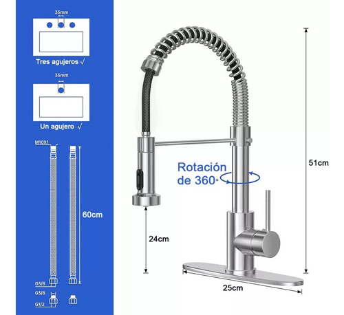 Llave Mezcladora Grifo Monomando Acero Inoxidable Cocina Plateado