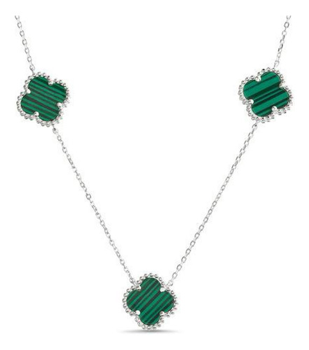 Cadena De Plata 925 5 Treboles Malakita Plateado