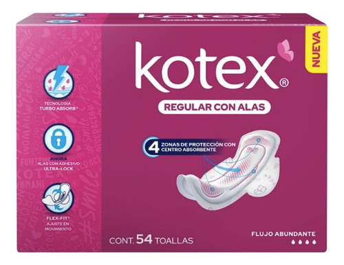 Kotex Regular Con Alas Flujo Abundante Caja Con 54 Toallas