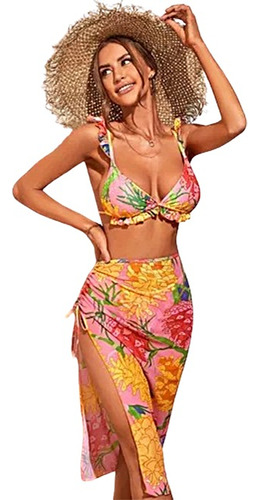 Traje De Baño Bikini De Mujer Con Falda Patrón Flor Sexy 3pz