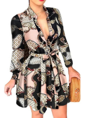 Vestido De Solapa Con Cinturón Estampado De Leopardo Rombos