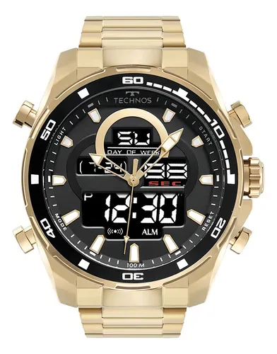 comprar Relógio Technos Digitech Com Caixa E Pulseira De Aço Em Banh Cor da correia Dourado Cor do bisel Dourado Cor do fundo Preto