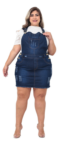 Jardineira Curta Jeans Plus Size Saia Desfiada Com Lycra 