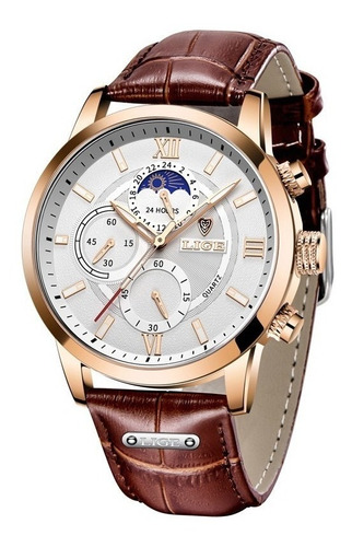 Reloj pulsera Lige LG8932 con correa de cuero color marrón - fondo blanco - bisel oro