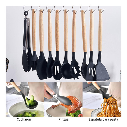 20 Piezas Set De Cuchillos Utensilios De Cocina De Silicona, Incluyendo Cuchillos, Espátulas Antiadherentes Y Cucharas De Sopa Con Base De Madera Negra Color