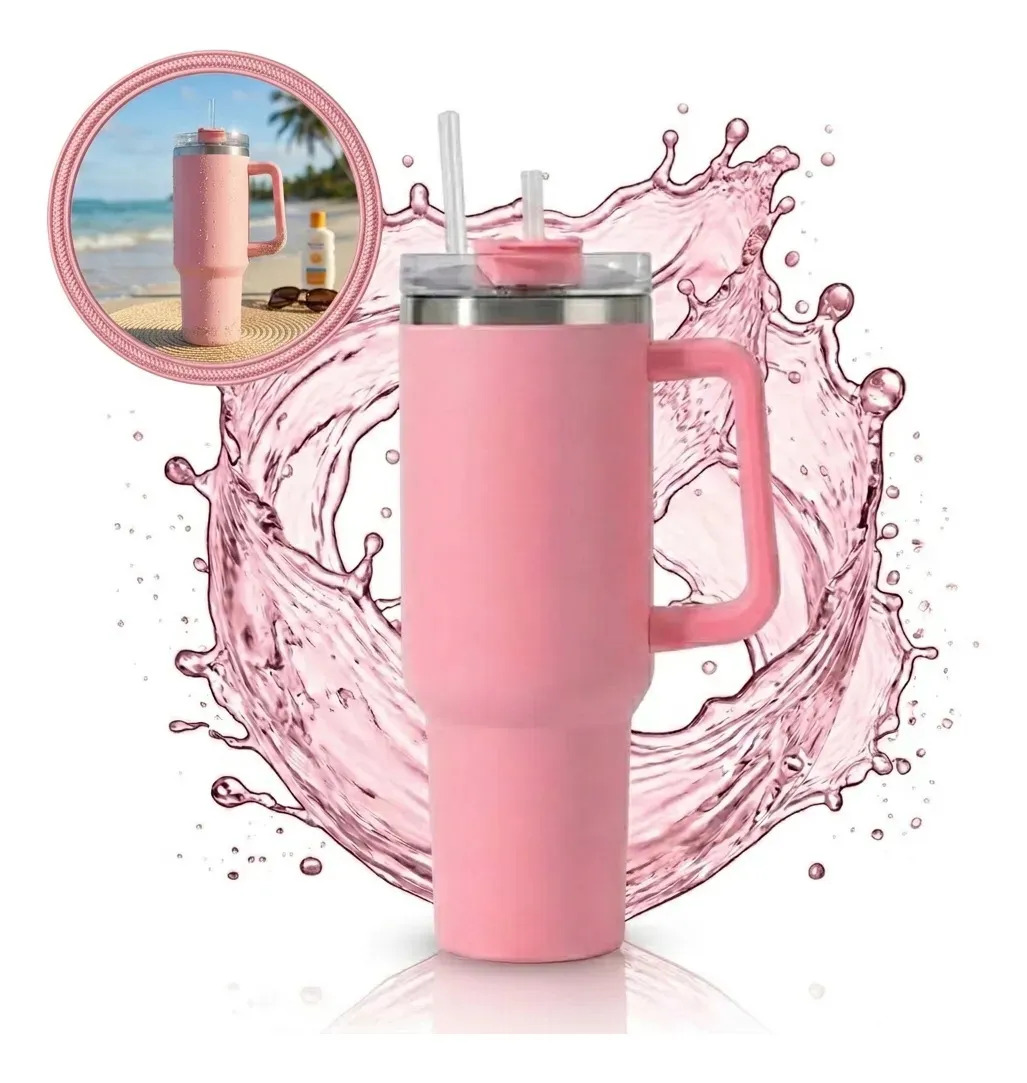 Copo Térmico NOHARA de Aço Inoxidável 1.2 L Rosa Com Tampa e Canudo