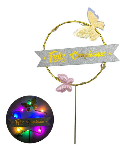 Cake Topper Luminoso 3 Secuencias Feliz Cumpleaños Metalico