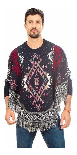 Imagen 3 de 4 de Poncho Con Mangas Ligero Con Grecas Multicolor Y Flecos