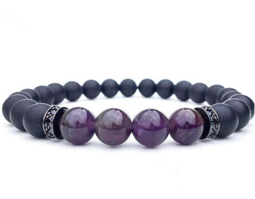 Pulsera Piedra Natural Amatista Con Piedra Ónix Mate