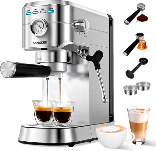 Cafetera Espresso 20 Bar, Máquina de café espresso con varita espumadora de leche, Compatible con Café Molido/Cápsulas Nespresso, Compacta Cafetera para hogar, Capuchino, Latte, Macchiato, 1350W