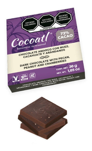 Chocolate Cocoatl C/ Nuez, Cacahuate Y Arándano - 4 Pzas -