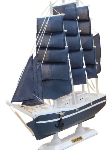 Imagem 2 de 2 de Barco Decorativo 32 Cm Azul Marinho- Madeira Maciça -montado
