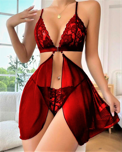 Conjunto Negro Sexy Erotico Mujer Sensual Transparente Rojo
