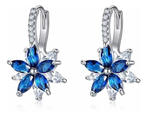 Aros Con Cristales Azul Engarzados Flor Con Cierre Brisura