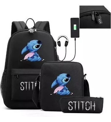 Mochila escolar primária Stitch+conjunto casual USB de 3 peças, cor E