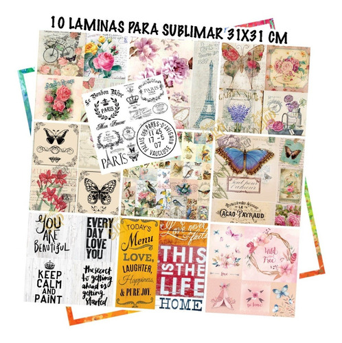 Pack Laminas Sublimacion Grandes Mariposa Flores Frases Arte