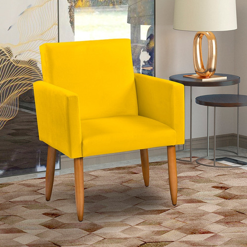 Poltrona Decorativa Cadeira Para Sala Escritório Pé Palito Cor Amarelo Desenho Do Tecido Suede